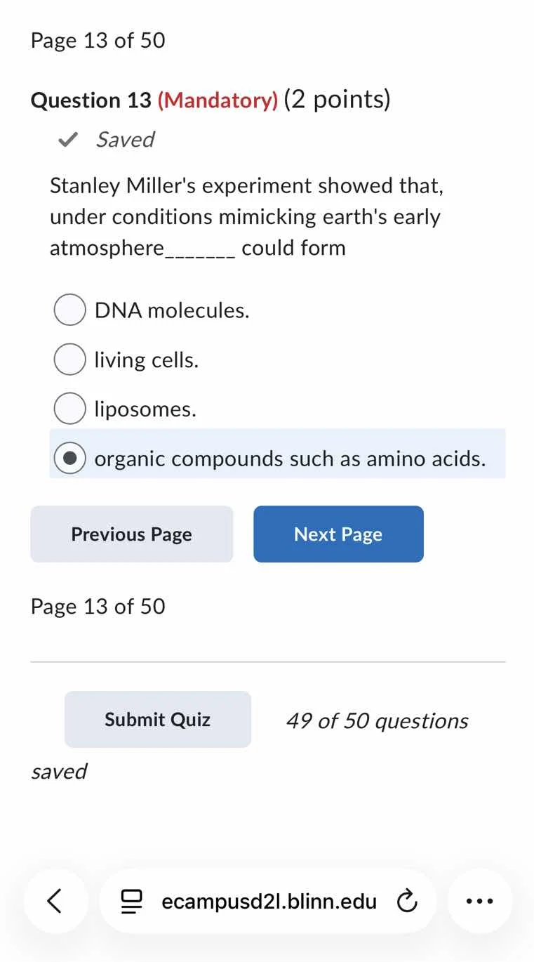 page 13 of 50 question 13 (mandatory) (2 points) ✓ saved stanley miller…