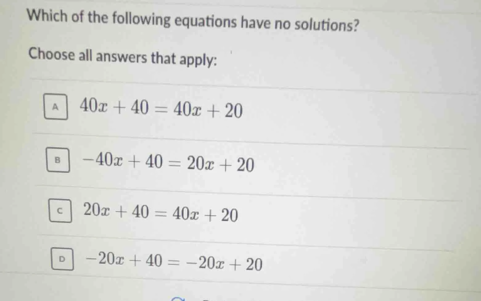 which of the following equations have no solutions? choose all answers …