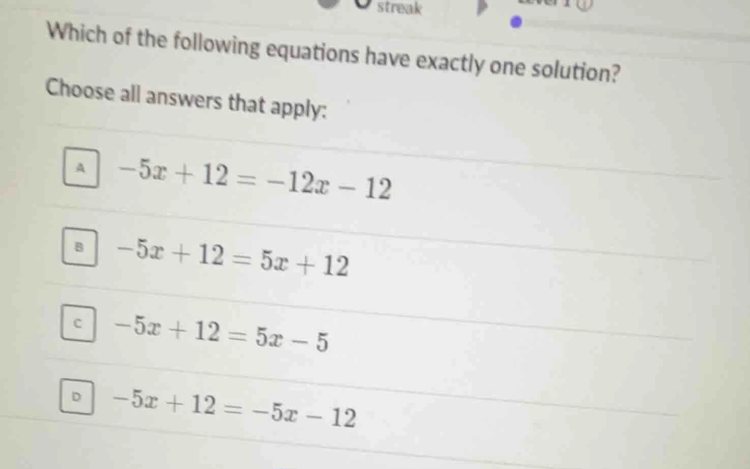 which of the following equations have exactly one solution? choose all …