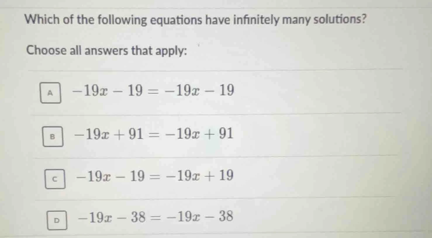 which of the following equations have infinitely many solutions? choose…