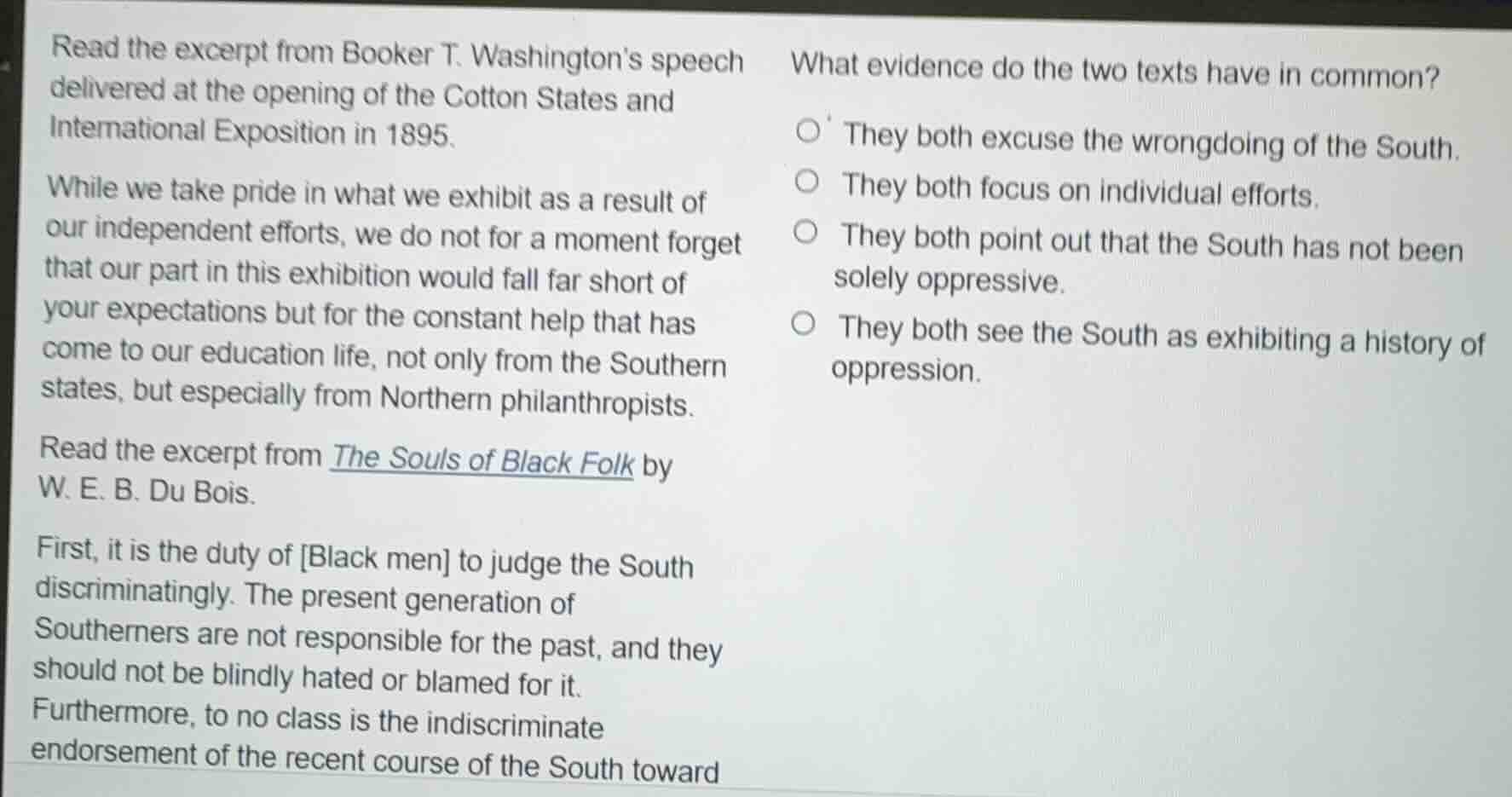 read the excerpt from booker t. washingtons speech delivered at the ope…