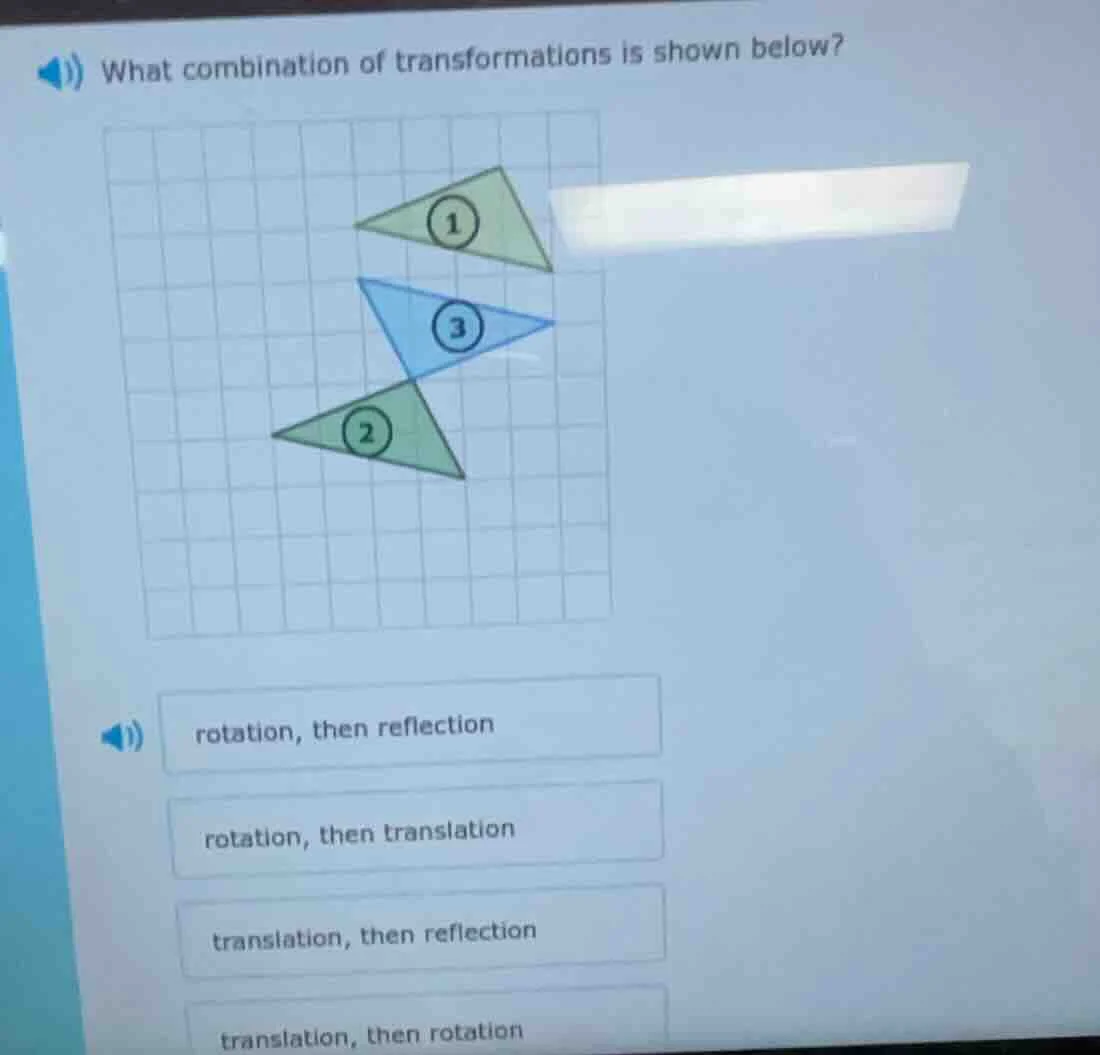 what combination of transformations is shown below?rotation, then refle…