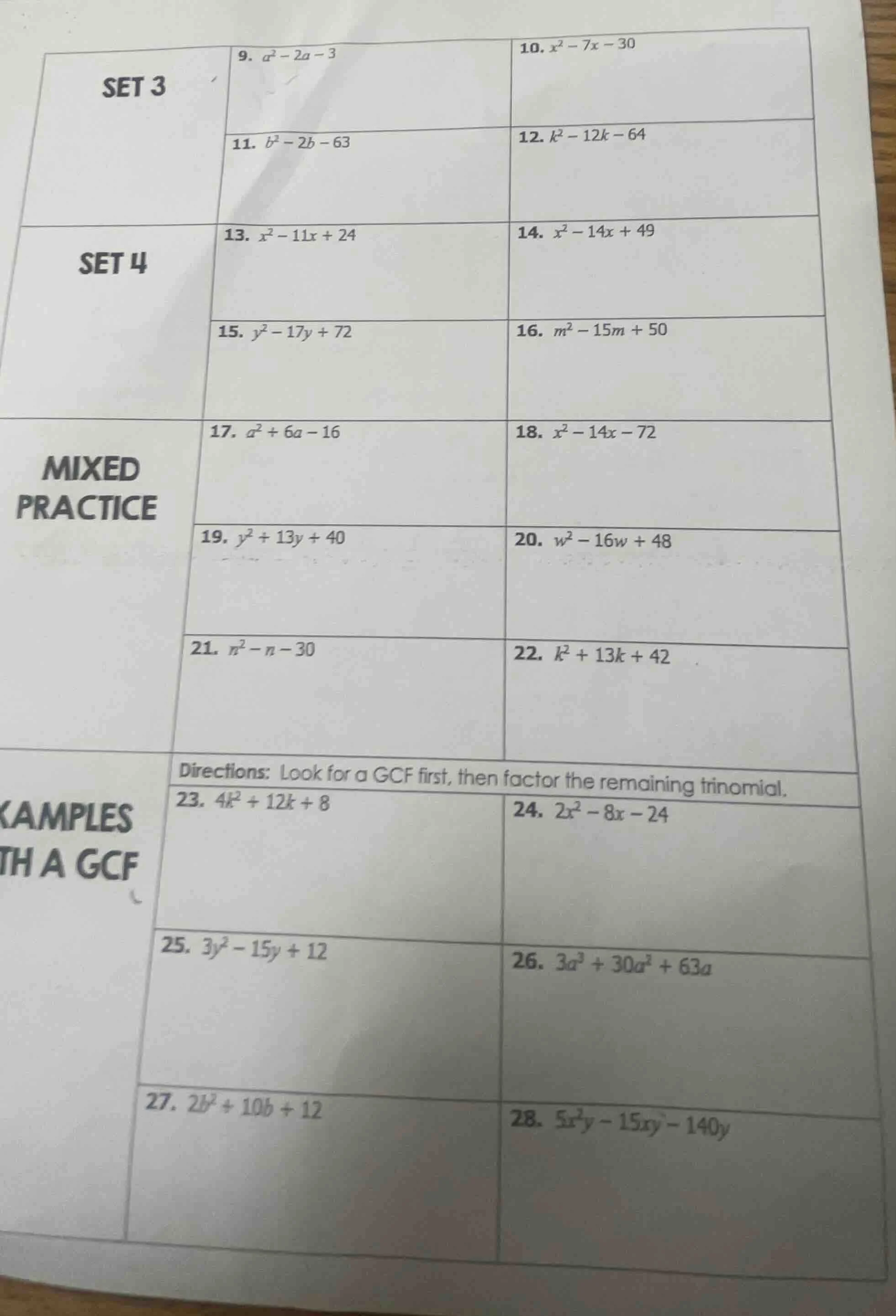 set 3 9. $a^2 - 2a - 3$ 10. $x^2 - 7x - 30$ 11. $b^2 - 2b - 63$ 12. $k^…