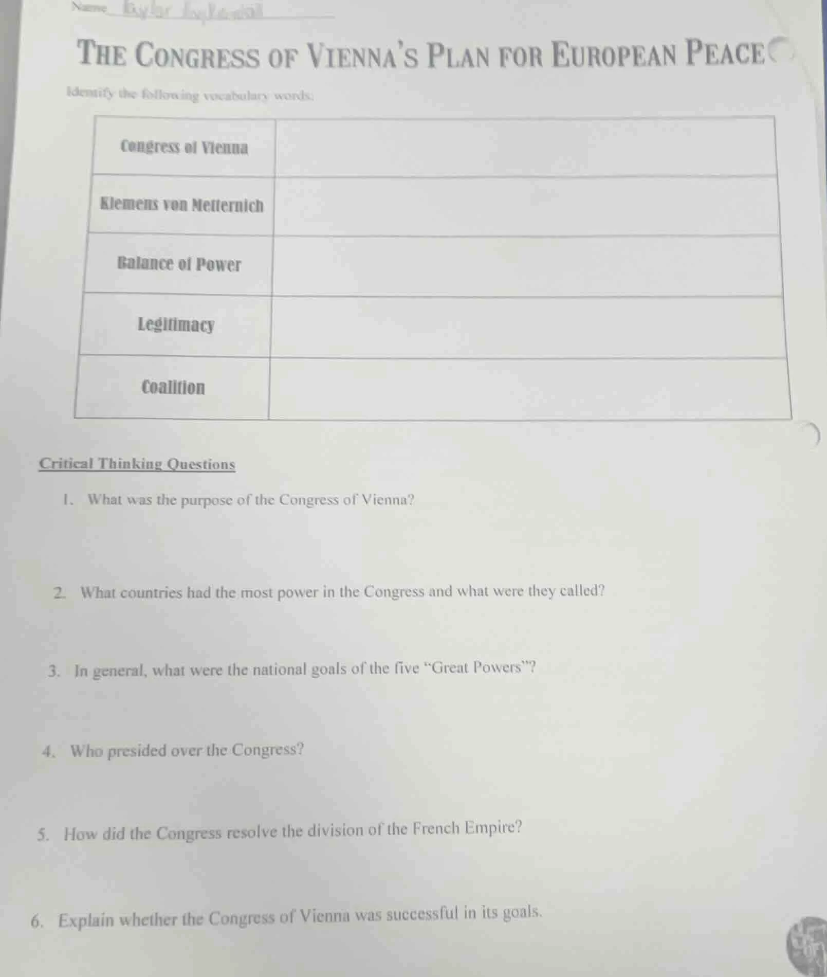 the congress of viennas plan for european peaceidentify the following v…