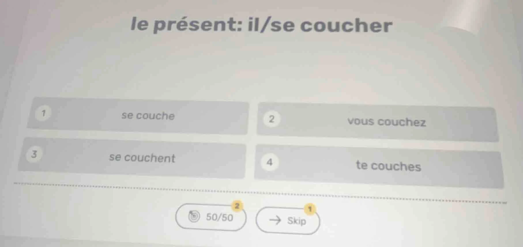 le présent: il/se coucher 1 se couche 2 vous couchez 3 se couchent 4 te…