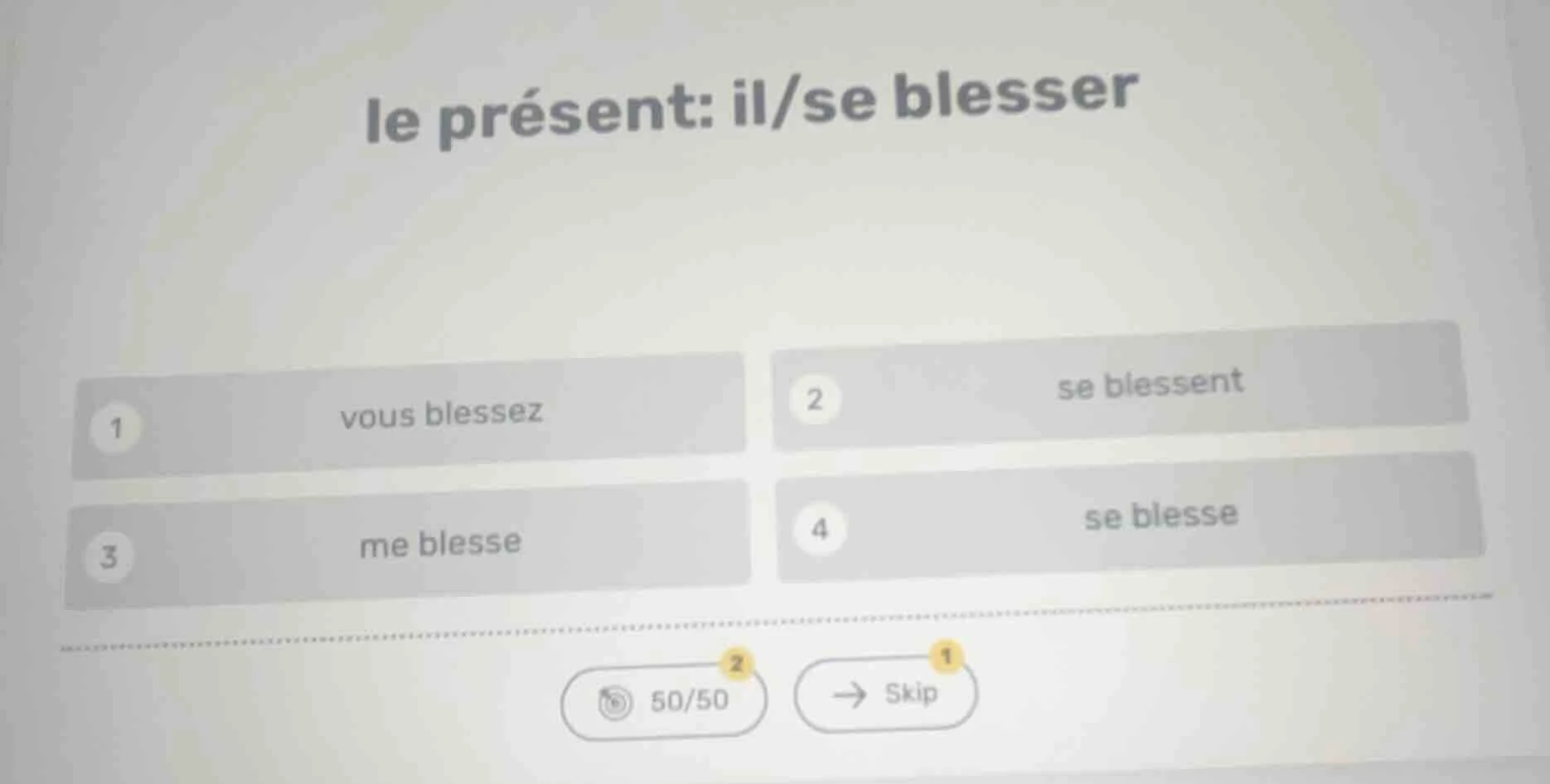 le présent: il/se blesser 1 vous blessez 2 se blessent 3 me blesse 4 se…