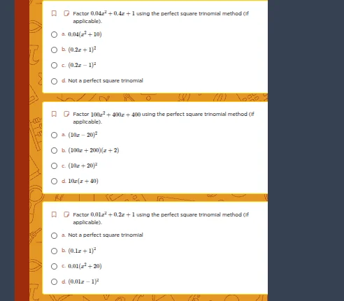 factor $0.04x^{2}+0.4x + 1$ using the perfect square trinomial method (…