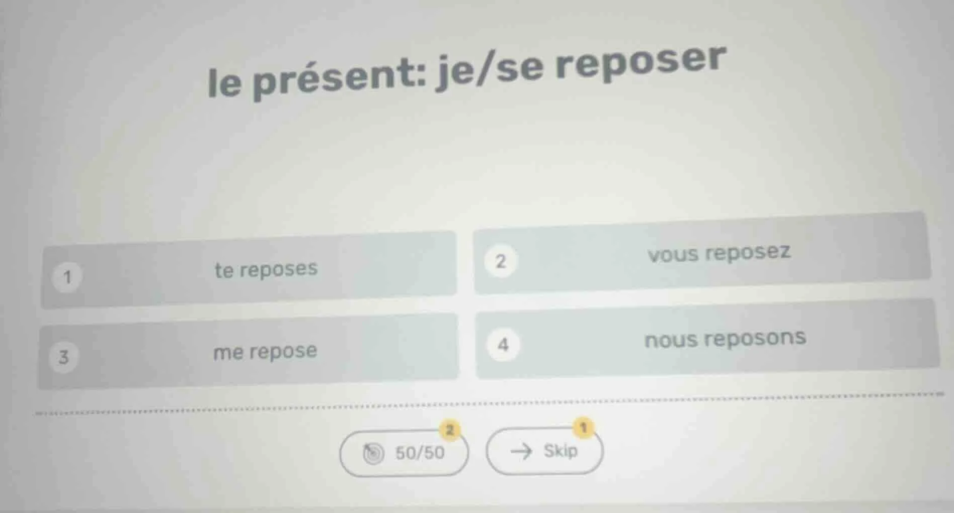 le présent: je/se reposer 1 te reposes 2 vous reposez 3 me repose 4 nou…