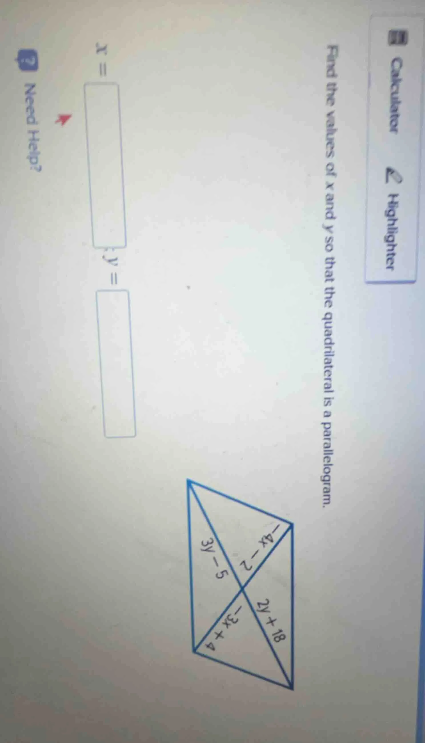 find the values of x and y so that the quadrilateral is a parallelogram…