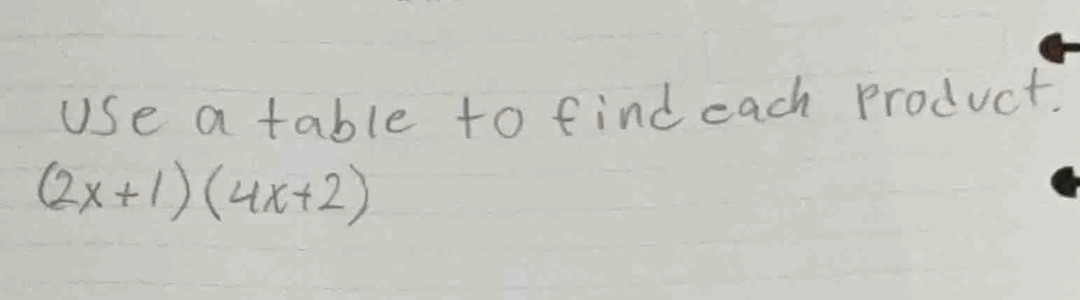 use a table to find each product. $(2x+1)(4x+2)$