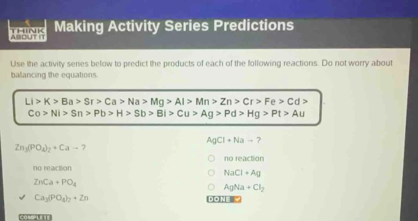 making activity series predictions use the activity series below to pre…