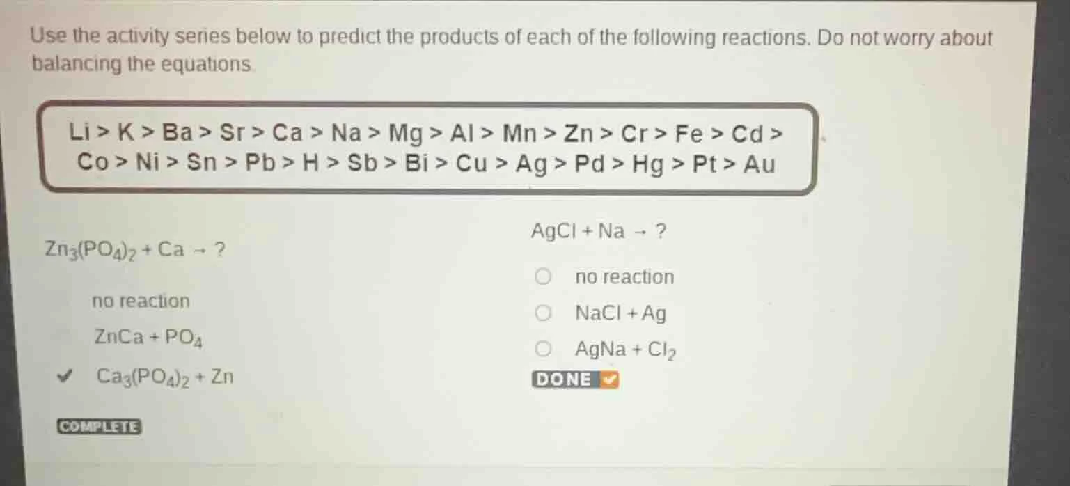 use the activity series below to predict the products of each of the fo…