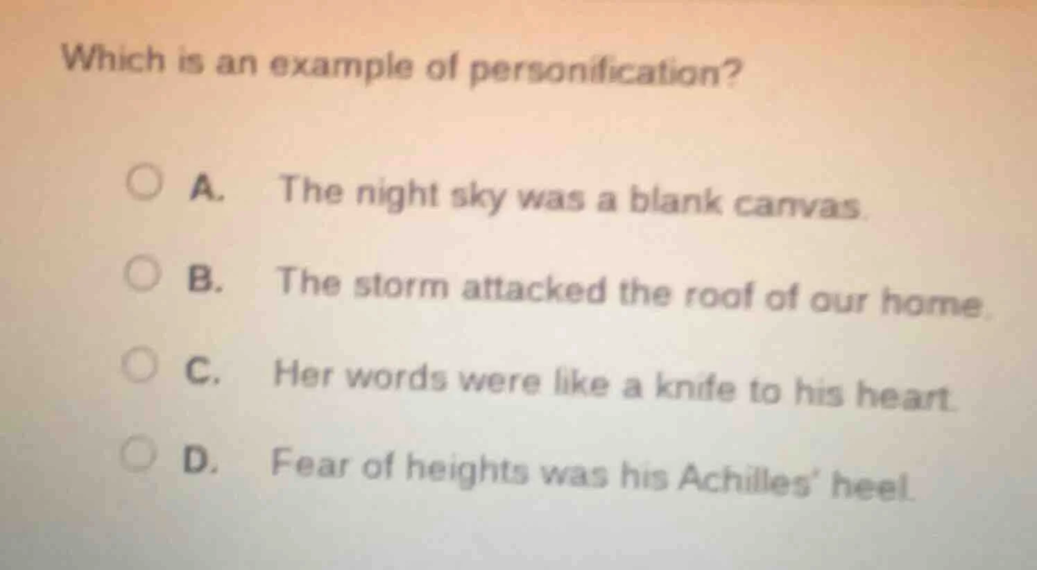 which is an example of personification? a. the night sky was a blank ca…