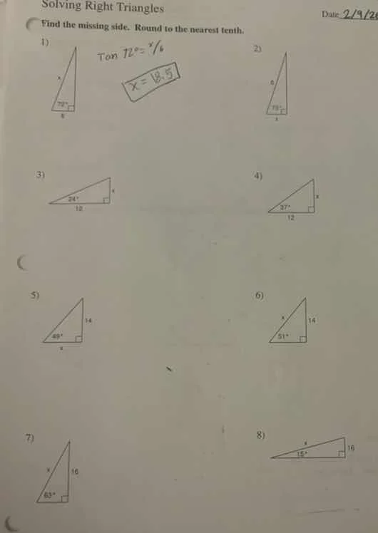 solving right triangles date: 2/9/20 find the missing side. round to th…