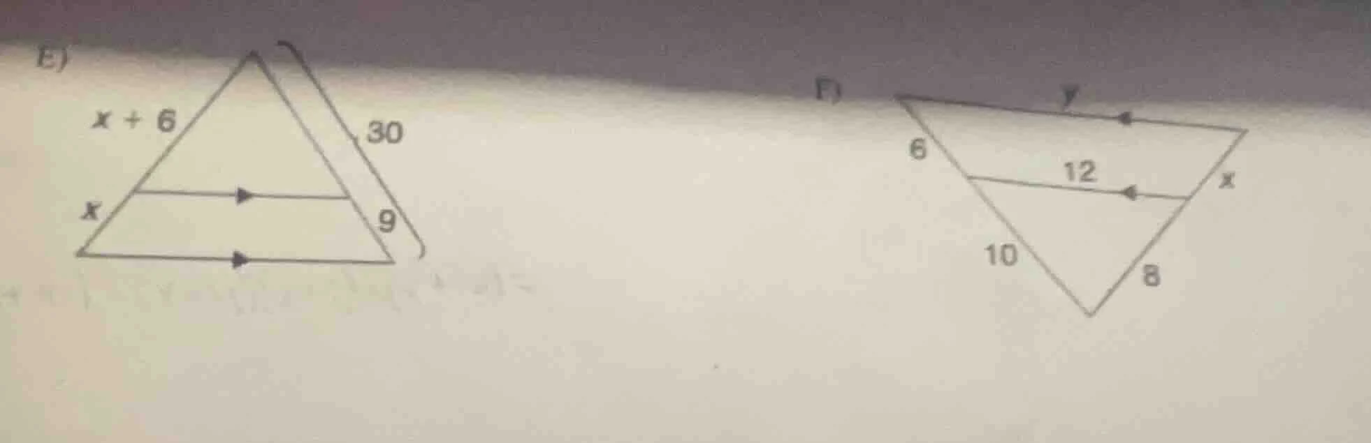 e) side lengths: $x + 6$, $x$, 30, 9 f) side lengths: $y$, $x$, 6, 12, …