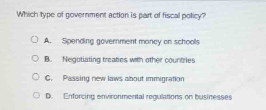 which type of government action is part of fiscal policy? a. spending g…