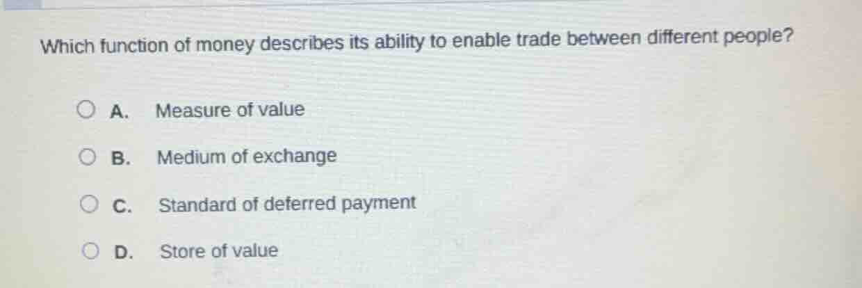 which function of money describes its ability to enable trade between d…