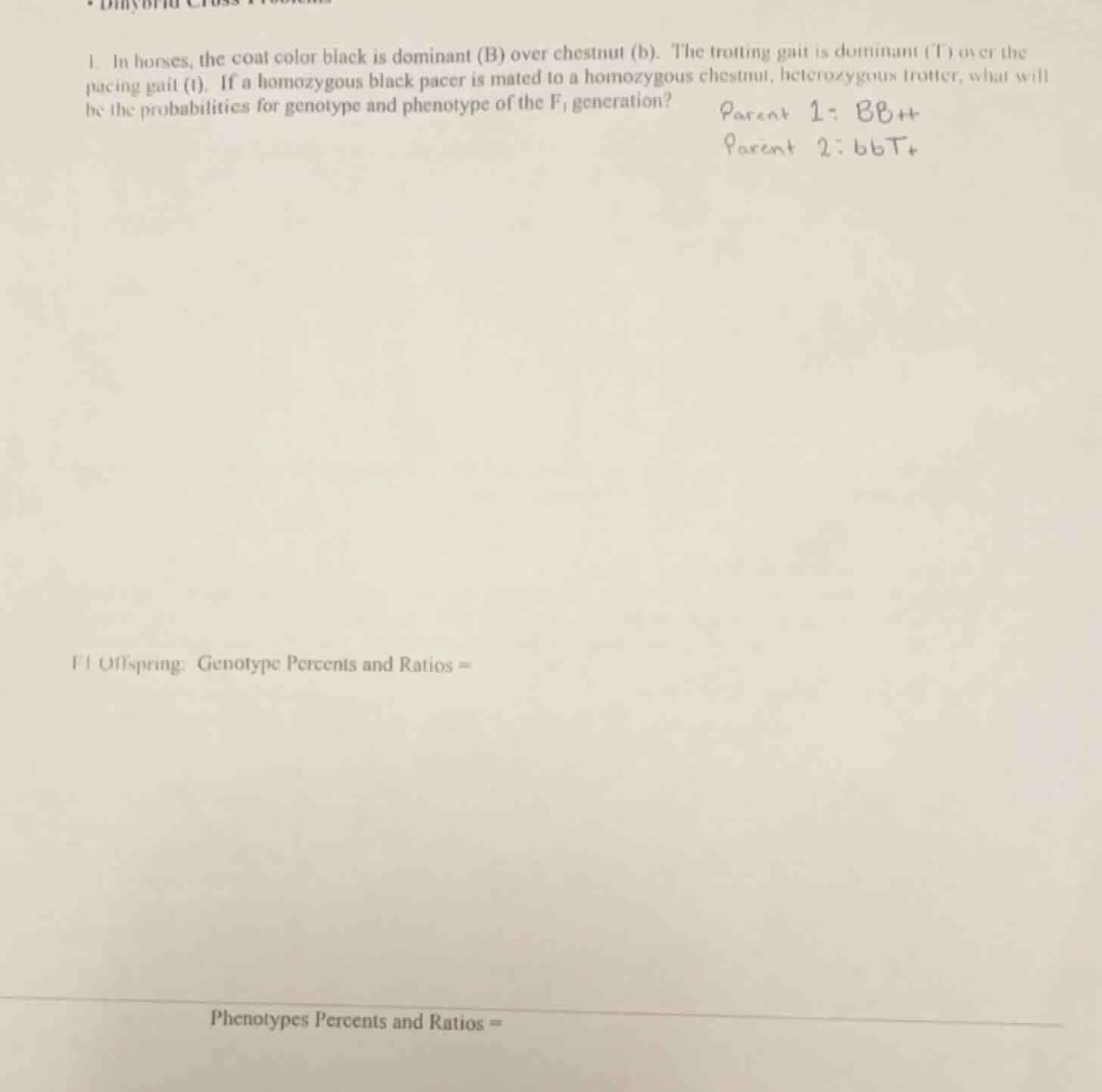 1. in horses, the coat color black is dominant (b) over chestnut (b). t…