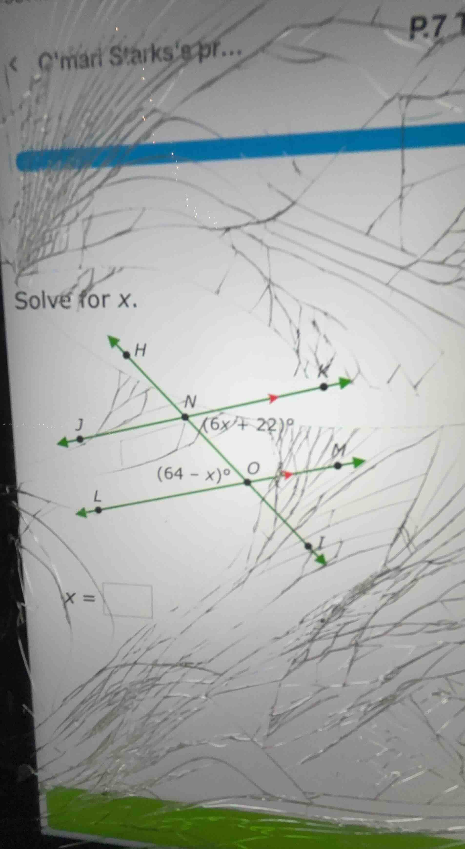 solve for x. $(6x + 22)^circ$ $(64 - x)^circ$ $x = \\square$