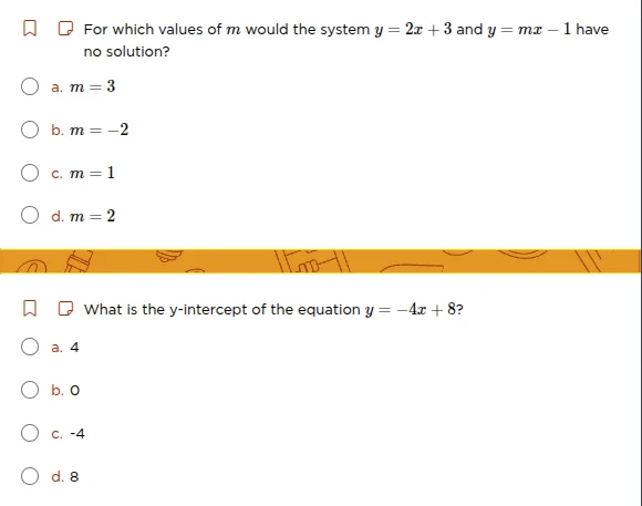 1. for which values of m would the system $y=2x+3$ and $y=mx-1$ have no…