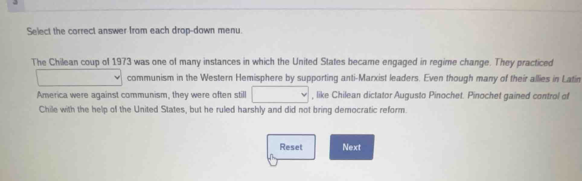 select the correct answer from each drop-down menu. the chilean coup of…