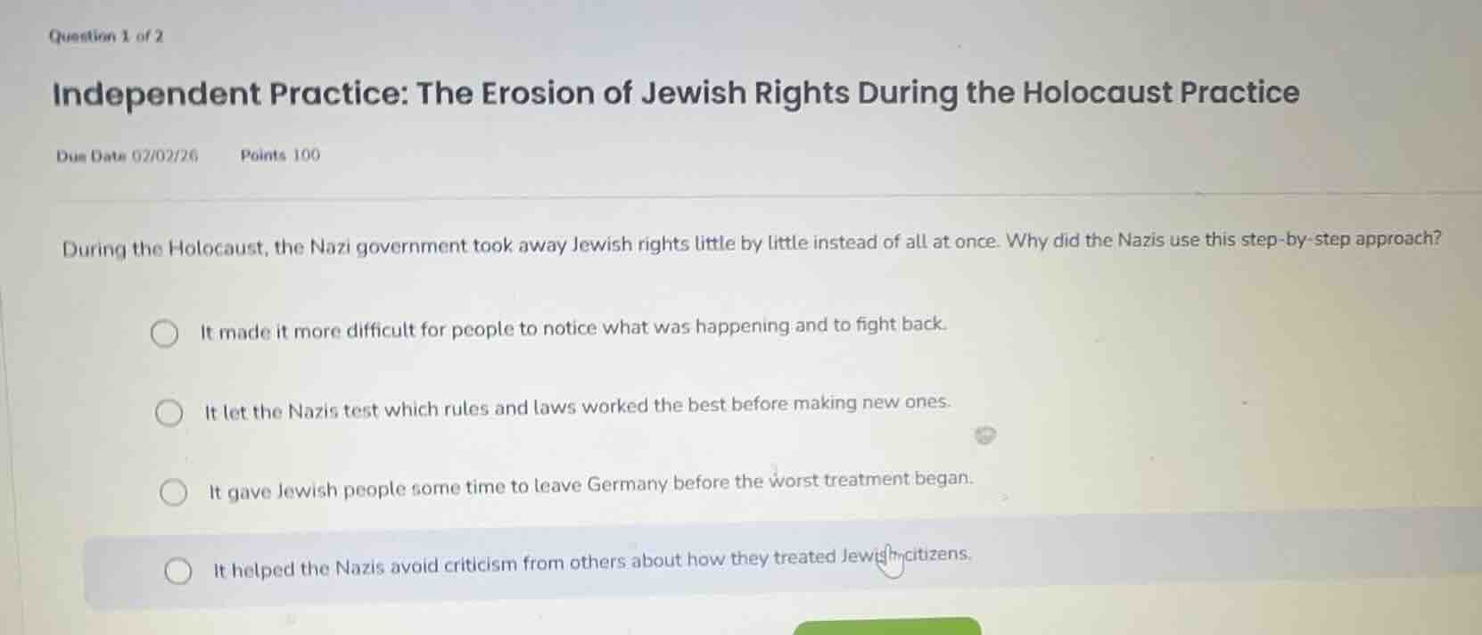question 1 of 2 independent practice: the erosion of jewish rights duri…
