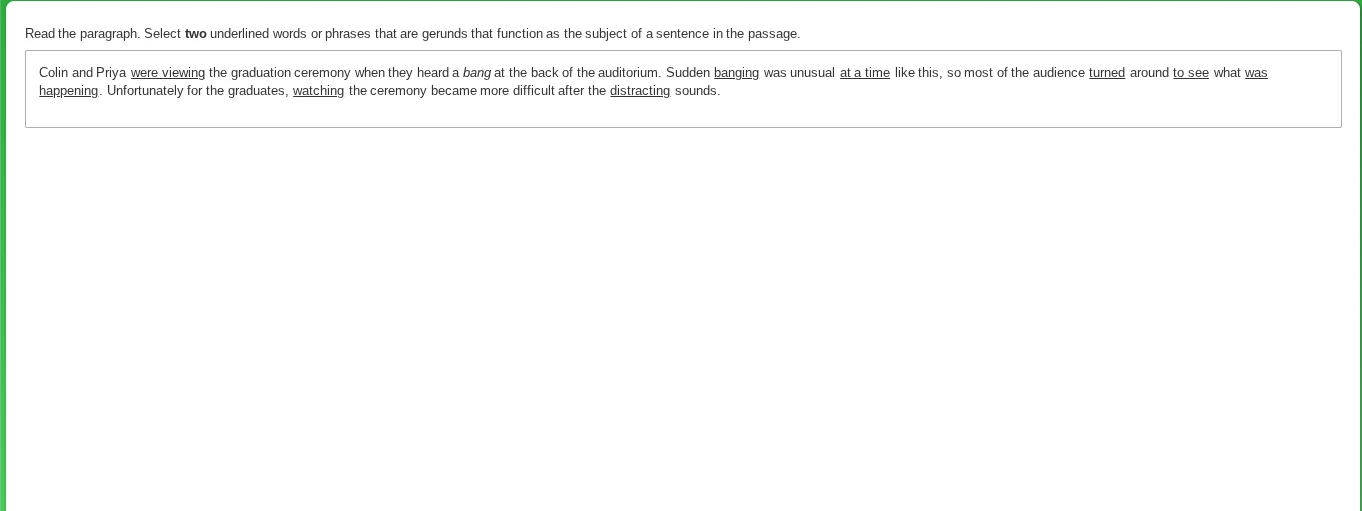 read the paragraph. select two underlined words or phrases that are ger…