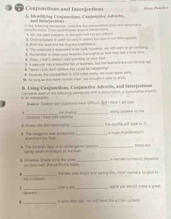 conjunctions and interjections more practice a. identifying conjunction…