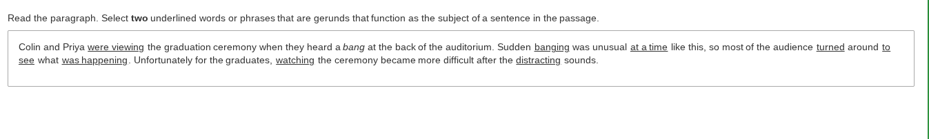 read the paragraph. select two underlined words or phrases that are ger…