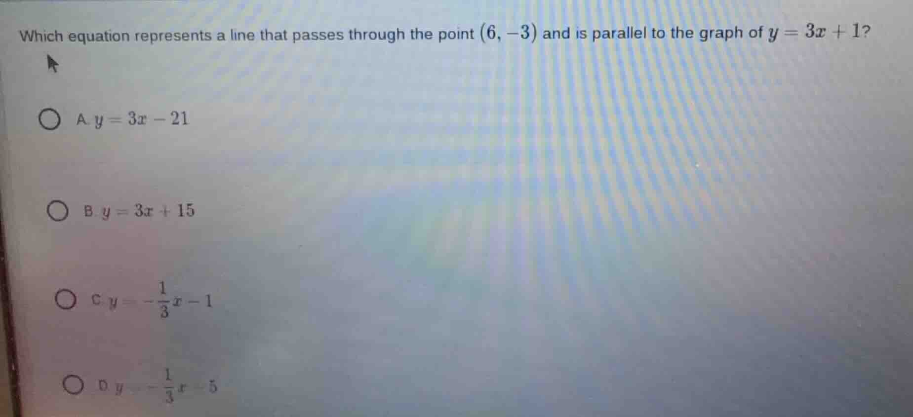 which equation represents a line that passes through the point $(6, -3)…