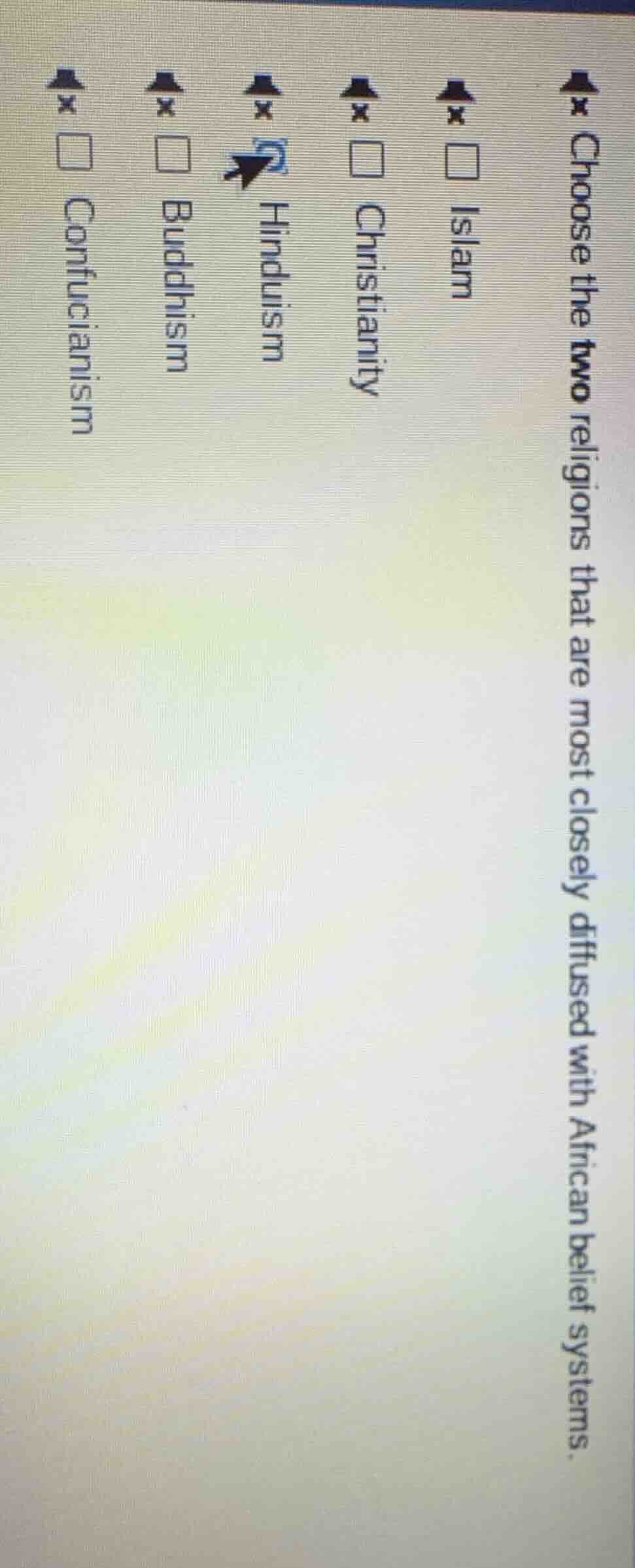 choose the two religions that are most closely diffused with african be…