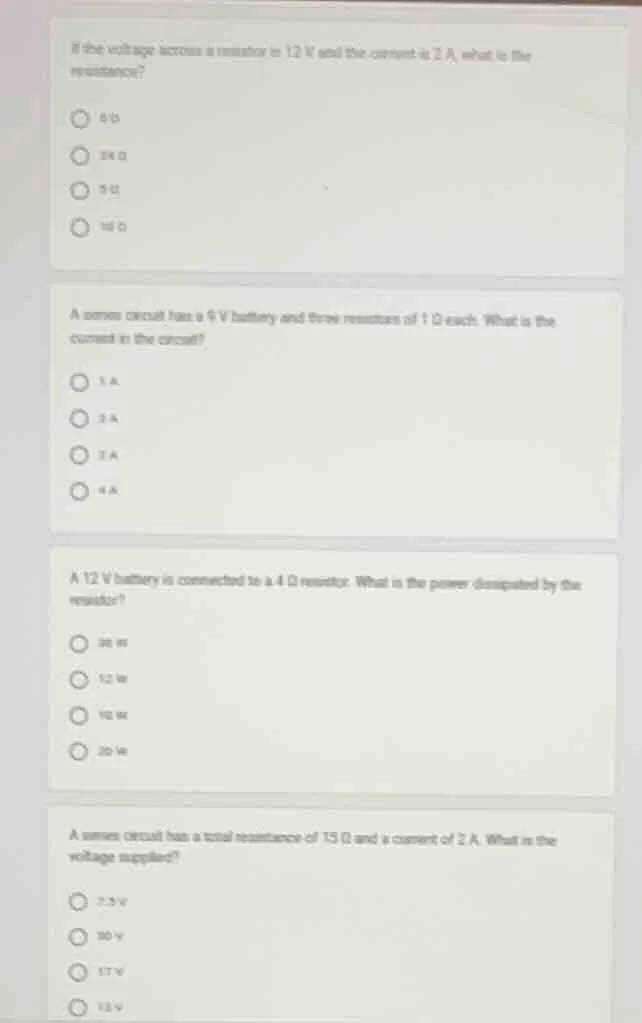 1. if the voltage across a resistor is 12 v and the current is 2 a, wha…