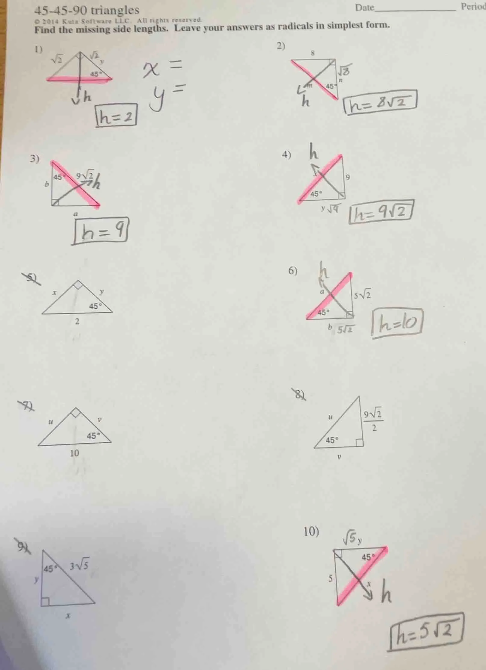 45-45-90 triangles date__________ period © 2014 kuta software llc. all …
