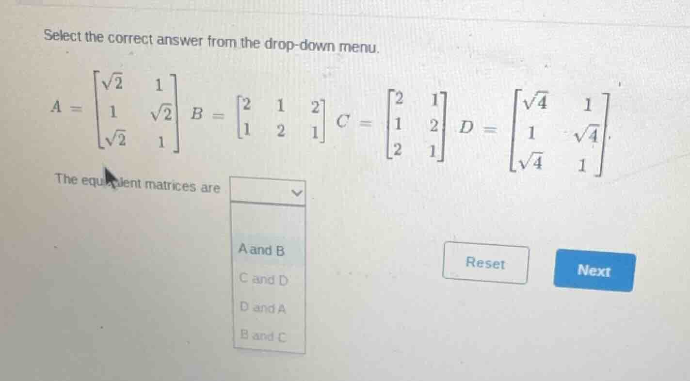 select the correct answer from the drop-down menu. $a = \\begin{bmatrix…