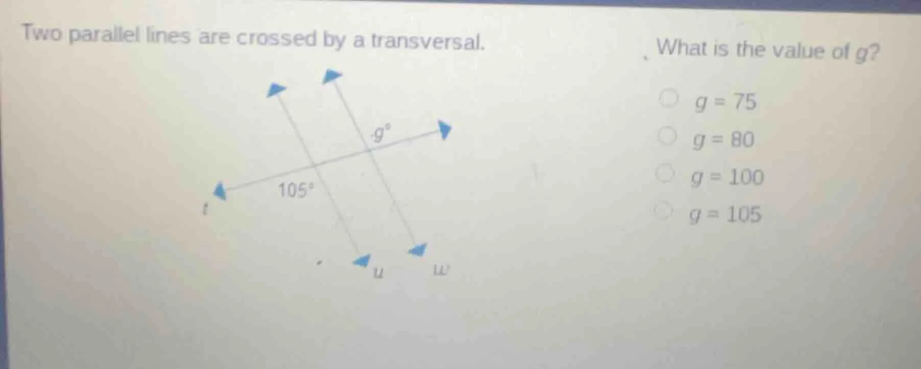 two parallel lines are crossed by a transversal. what is the value of g…