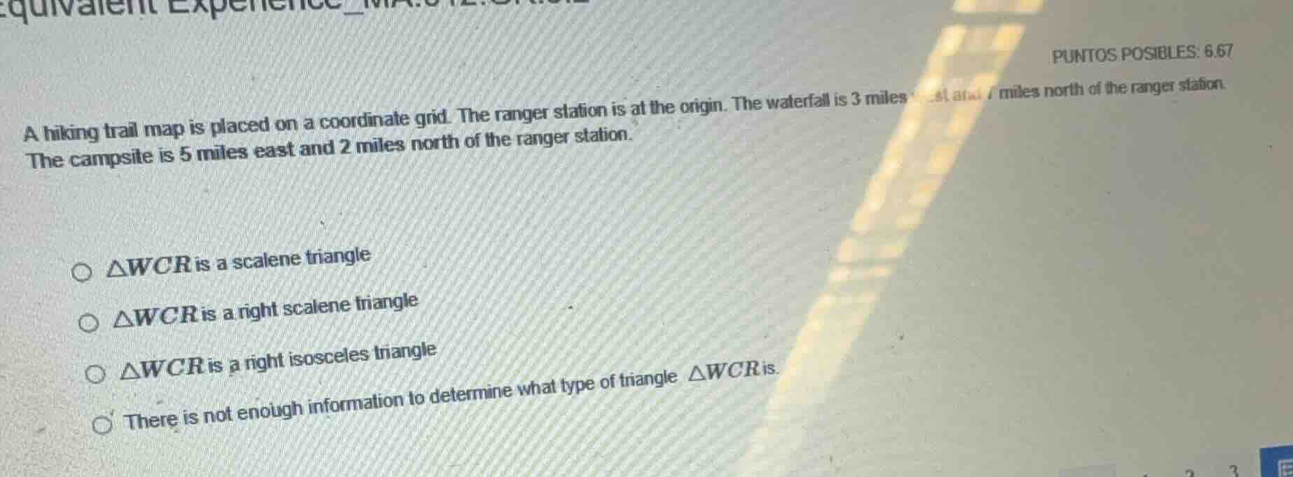 puntos posibles: 6.67 a hiking trail map is placed on a coordinate grid…