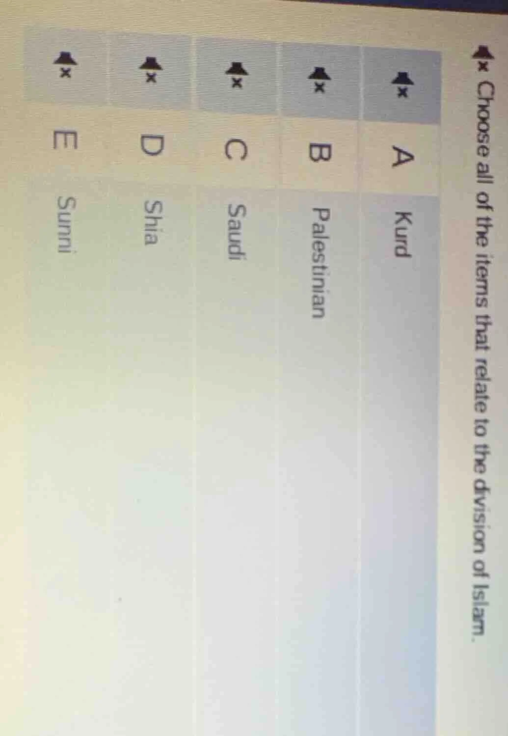 choose all of the items that relate to the division of islam. a kurd b …