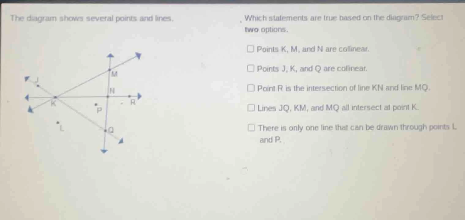 the diagram shows several points and lines. which statements are true b…