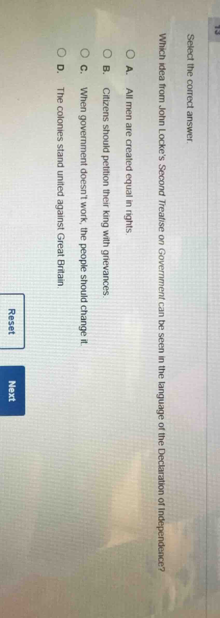 13 select the correct answer. which idea from john lockes second treati…