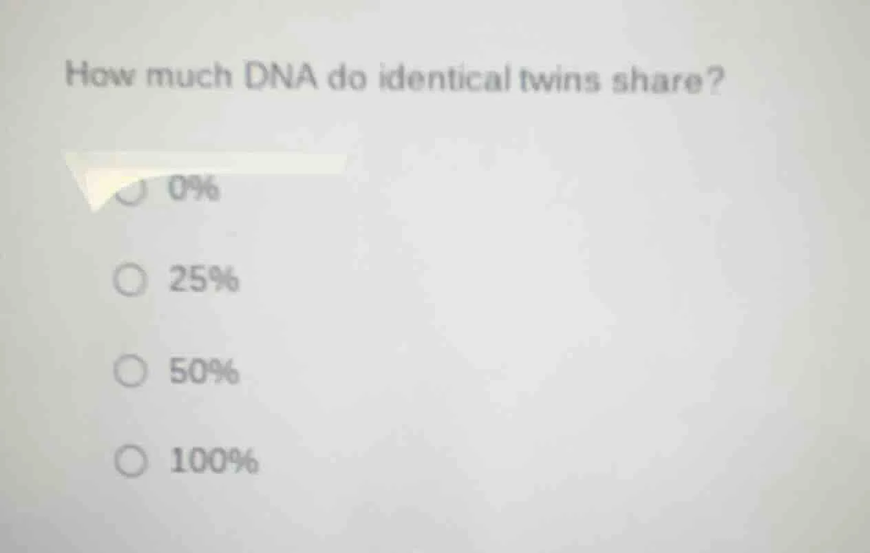 how much dna do identical twins share? ○ 0% ○ 25% ○ 50% ○ 100%