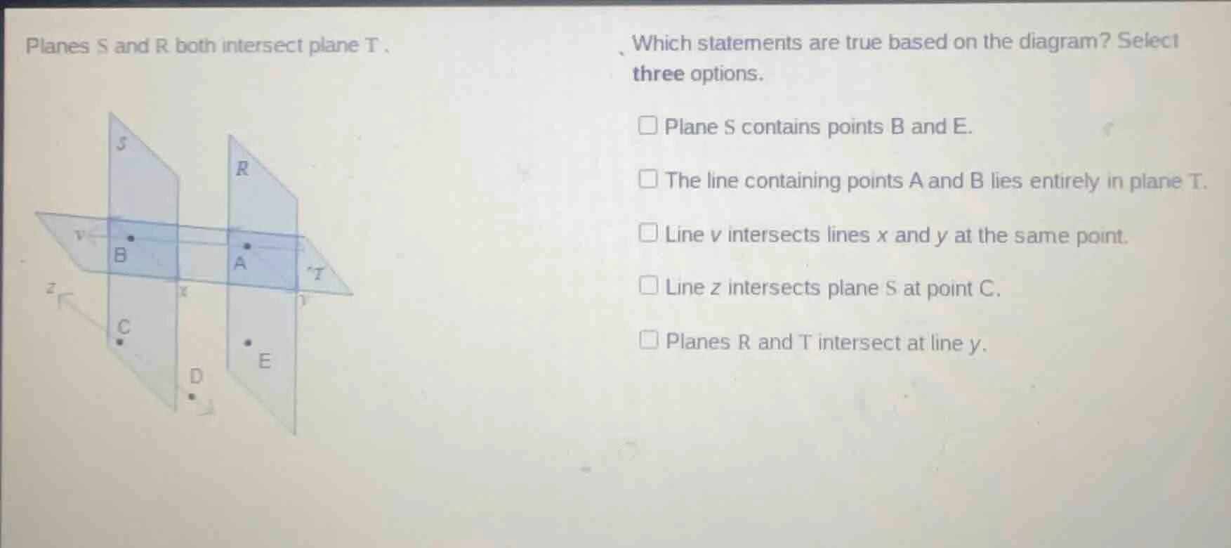 planes s and r both intersect plane t. which statements are true based …