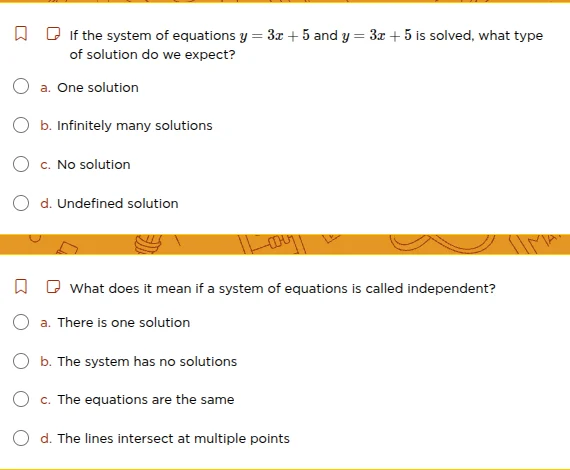 1. if the system of equations $y = 3x + 5$ and $y = 3x + 5$ is solved, …