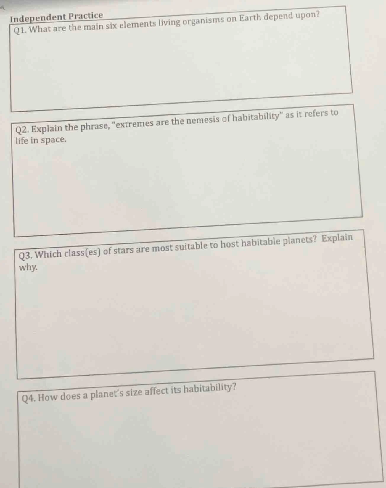 independent practice q1. what are the main six elements living organism…