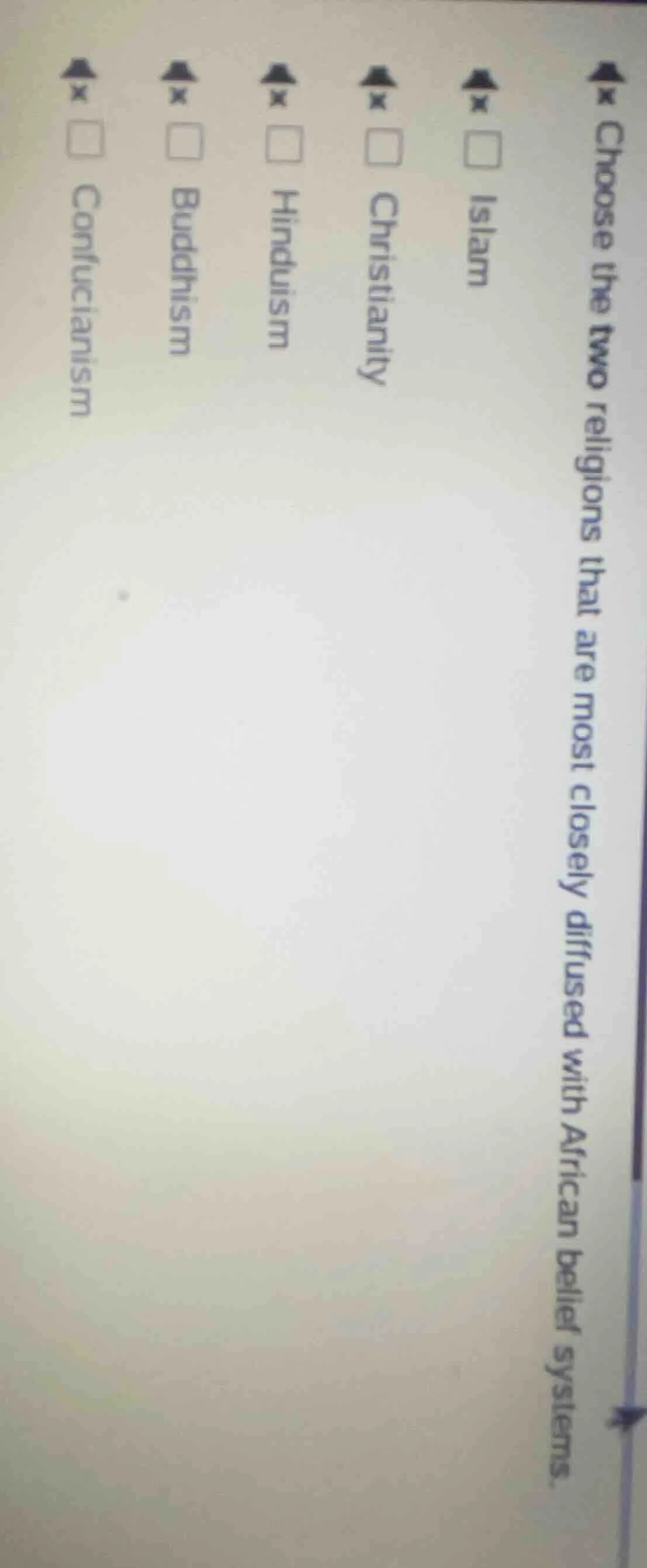 choose the two religions that are most closely diffused with african be…