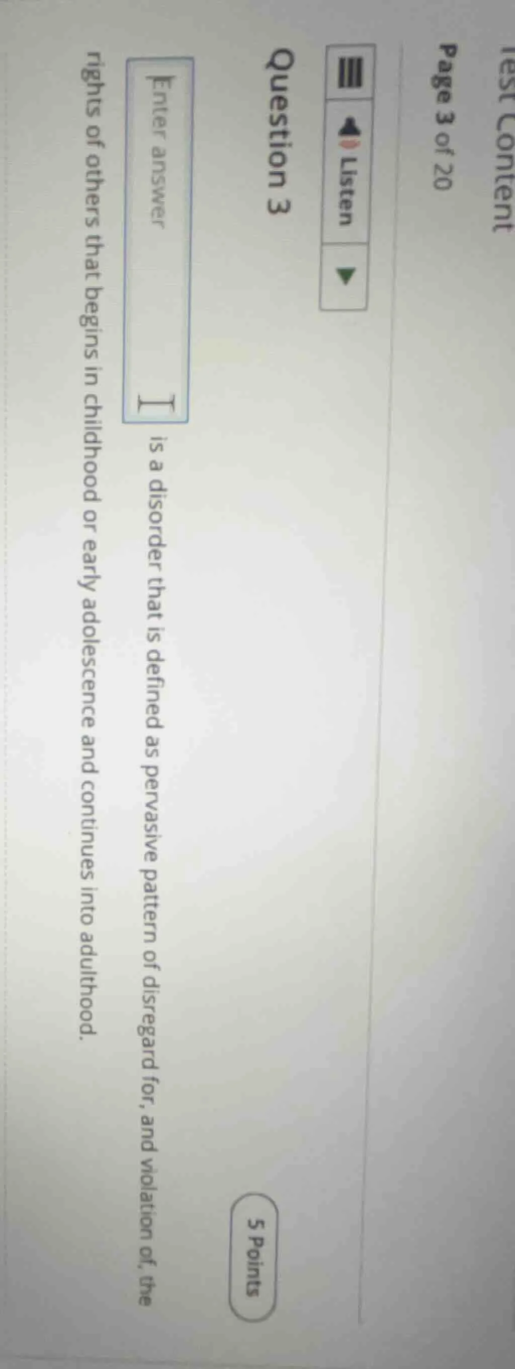 test content page 3 of 20 question 3 5 points enter answer is a disorde…