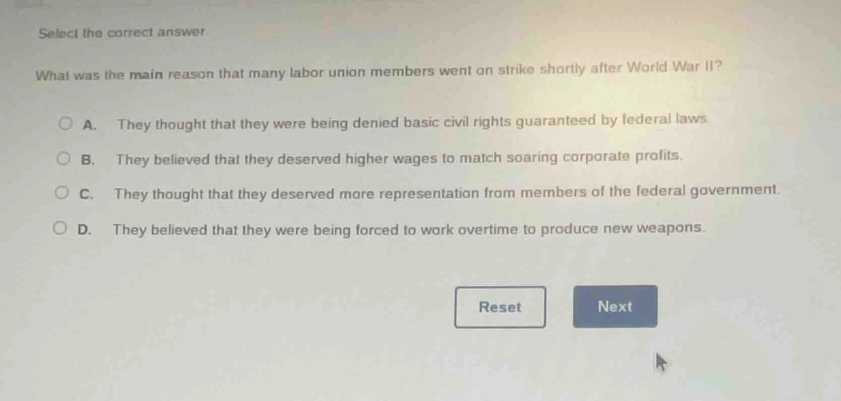 select the correct answer. what was the main reason that many labor uni…