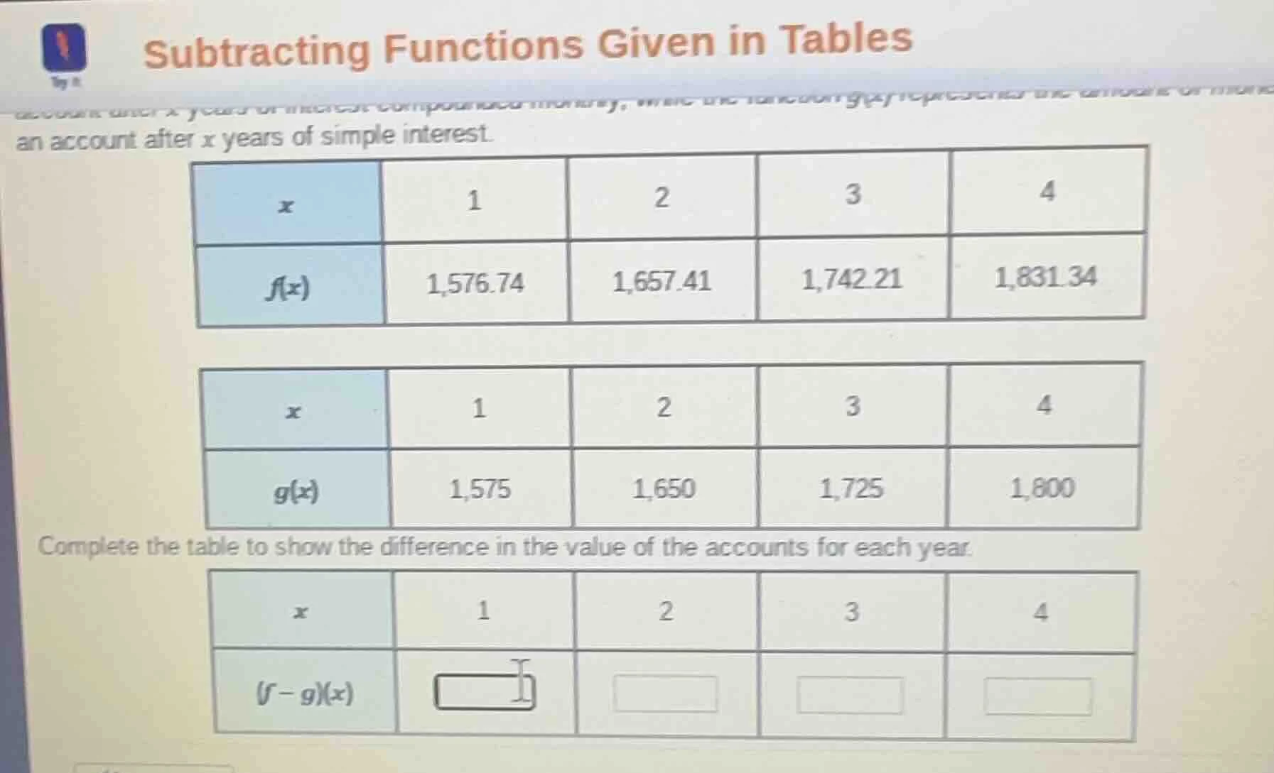 subtracting functions given in tables an account after $x$ years of sim…