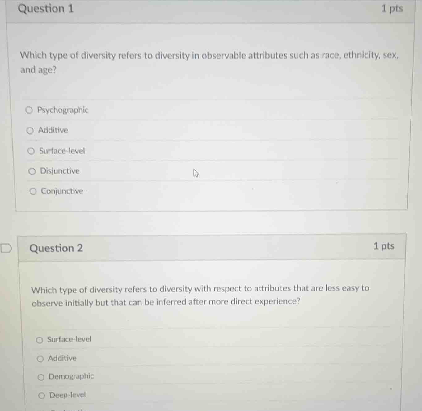question 1 1 pts which type of diversity refers to diversity in observa…