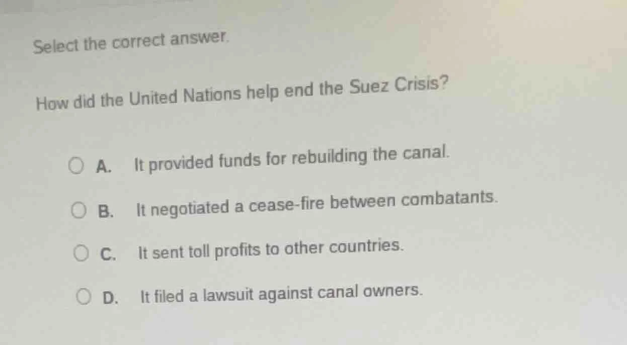 select the correct answer. how did the united nations help end the suez…