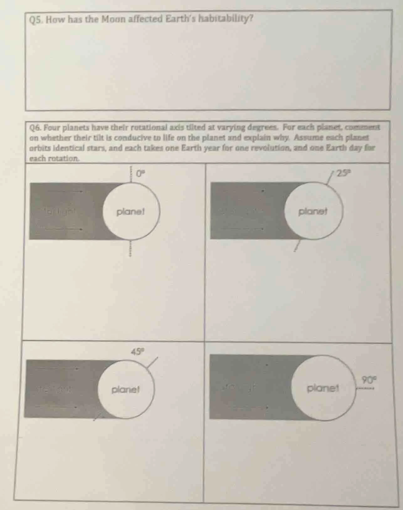 q5. how has the moon affected earths habitability? q6. four planets hav…
